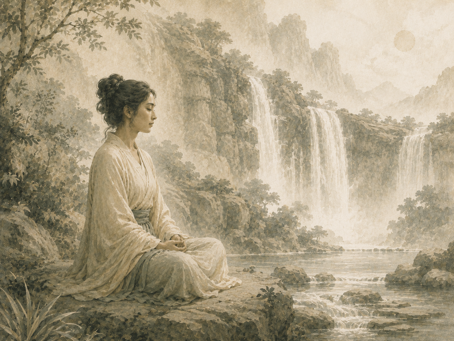 Woman reflecting beside a waterfall