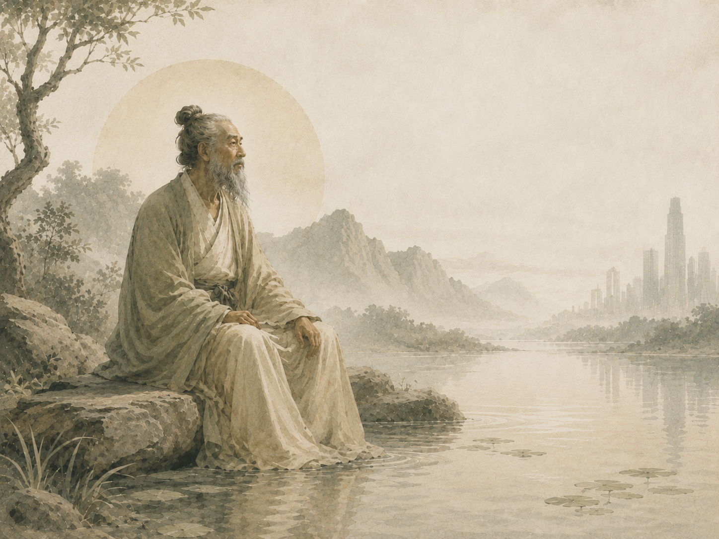 Taoist sage reflecting beside a quiet landscape