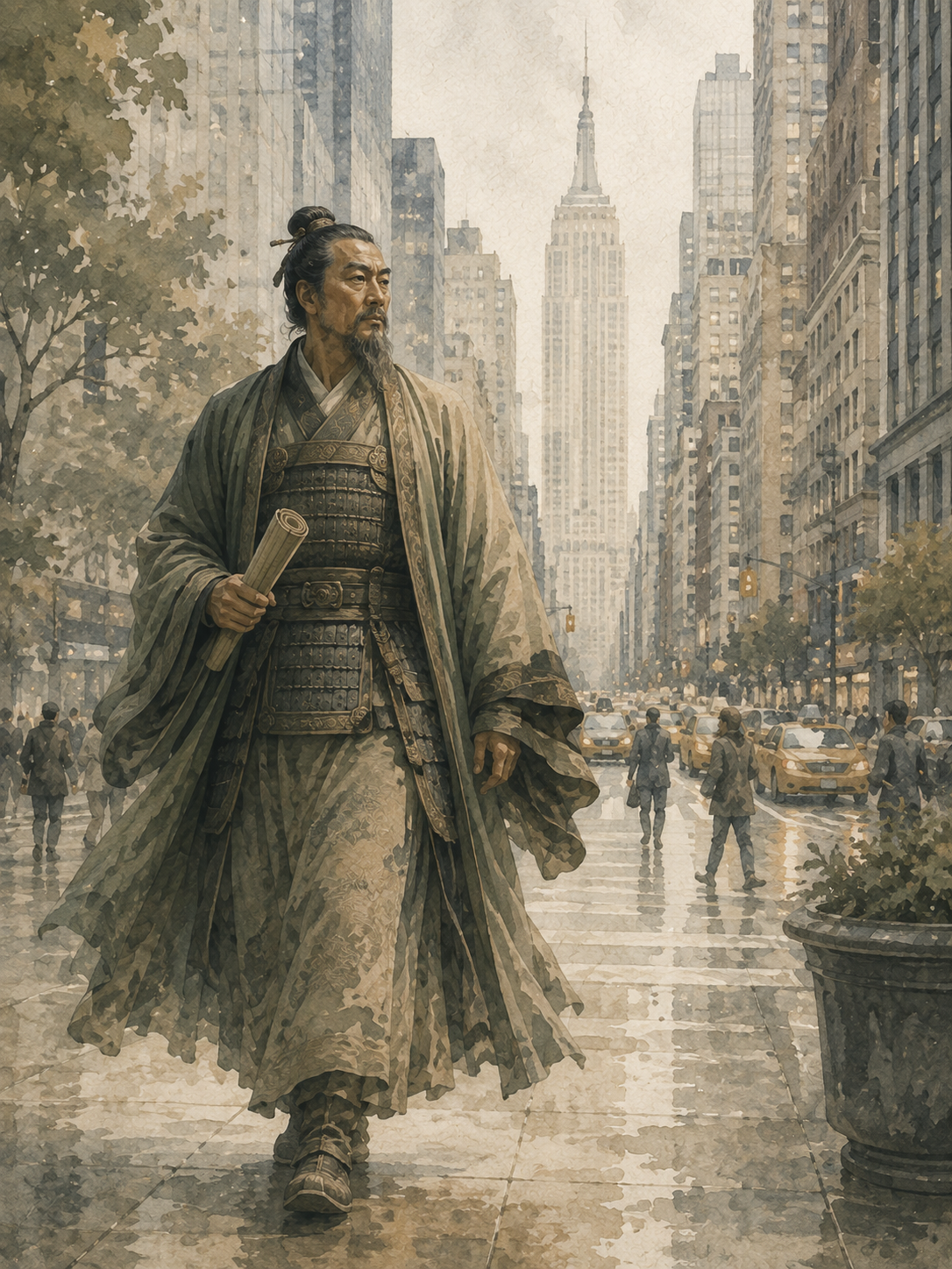 Sun Tzu walking through a modern city